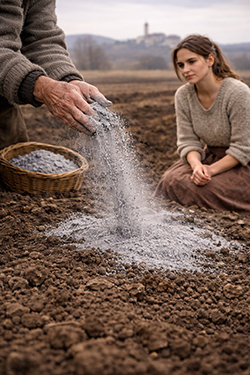 Le anziane mani contadine insegnano alla giovane come spargere la cenere nel campo