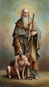 Rappresentazione moderna di Sant'Antonio con il bastone e il maiale