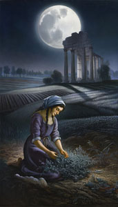 Donna sotto la luna raccoglie erbe medicinali