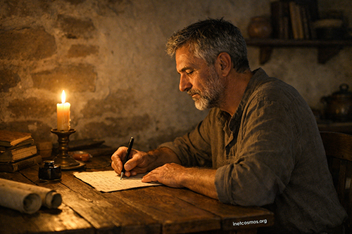 Un uomo scrive su una pergamena i recordi narrati del passato